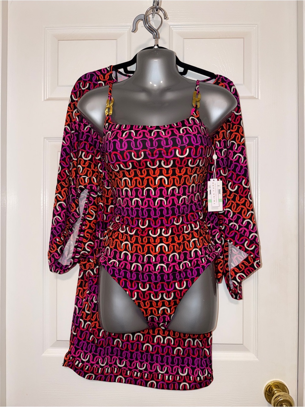 Trina Turk Echo Chain Scoopneck Swim & Cover Up BUNDLE NWT 8 Medium Pink Orange